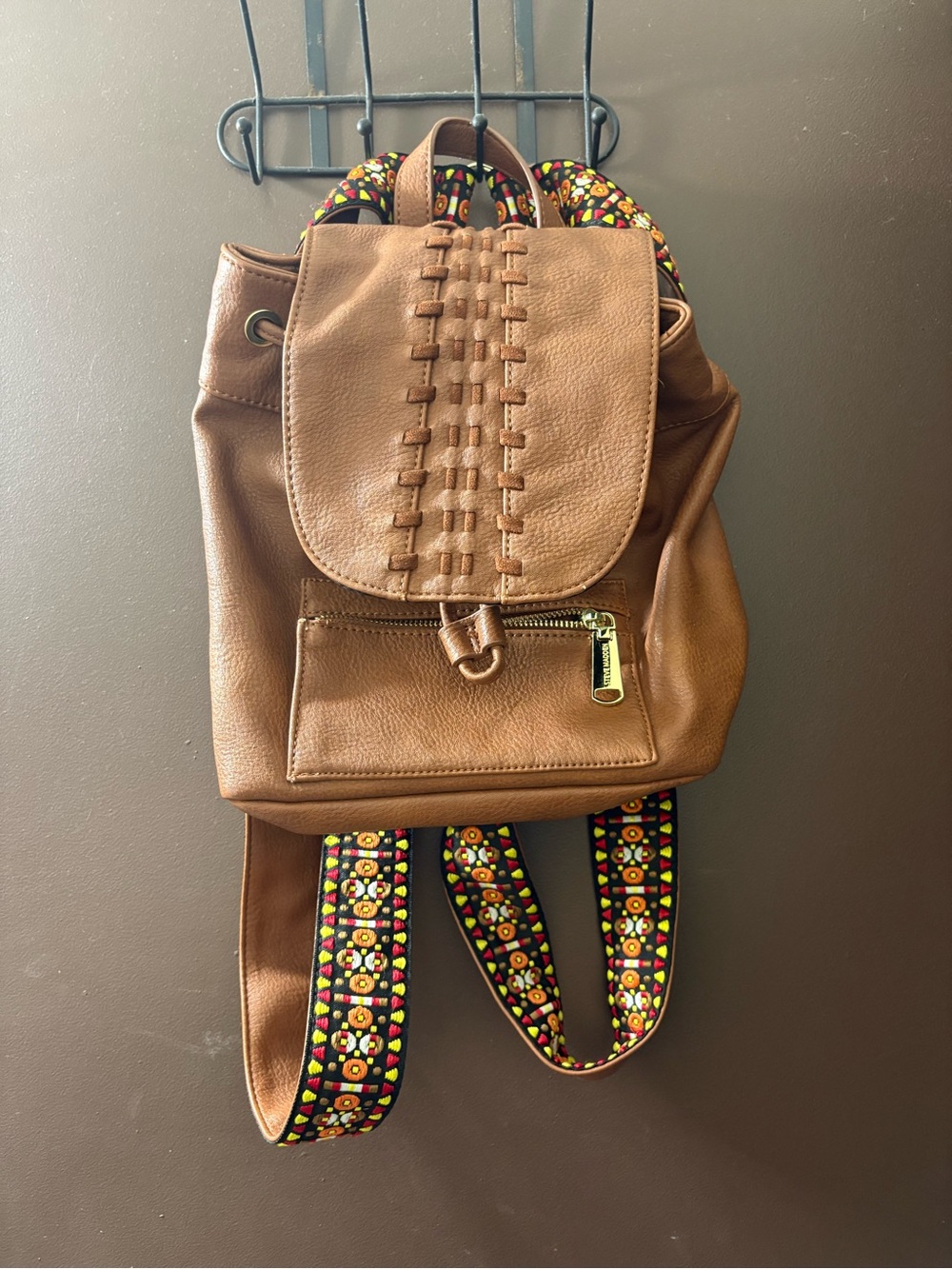Steve Madden Brown Faux Leather Drawstring Backpack with Embroidered Straps